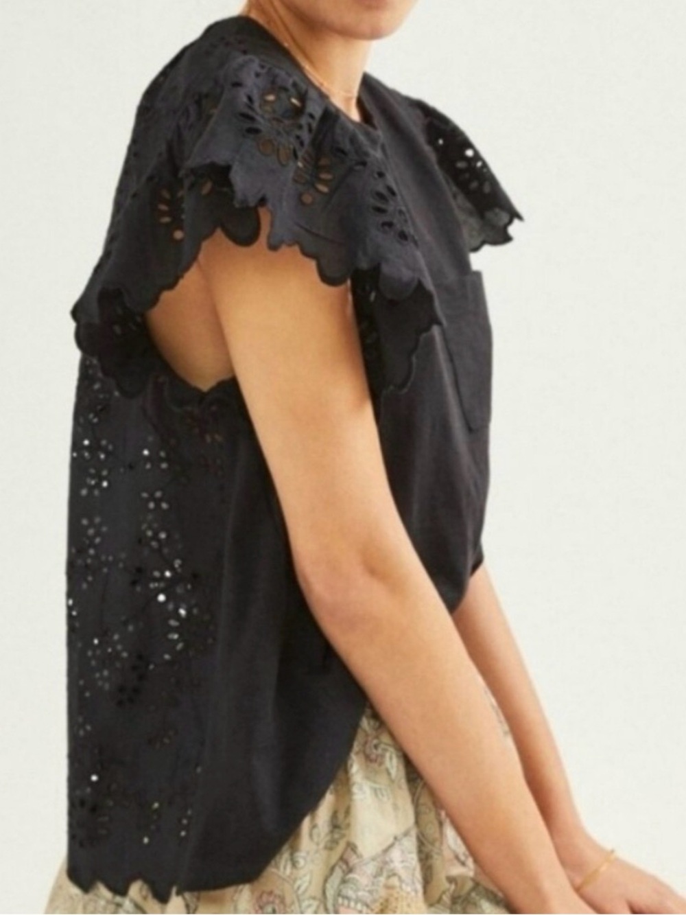 Anthropologie Seen Worn Kept Flutter Sleeve Eyelet Top Black - S